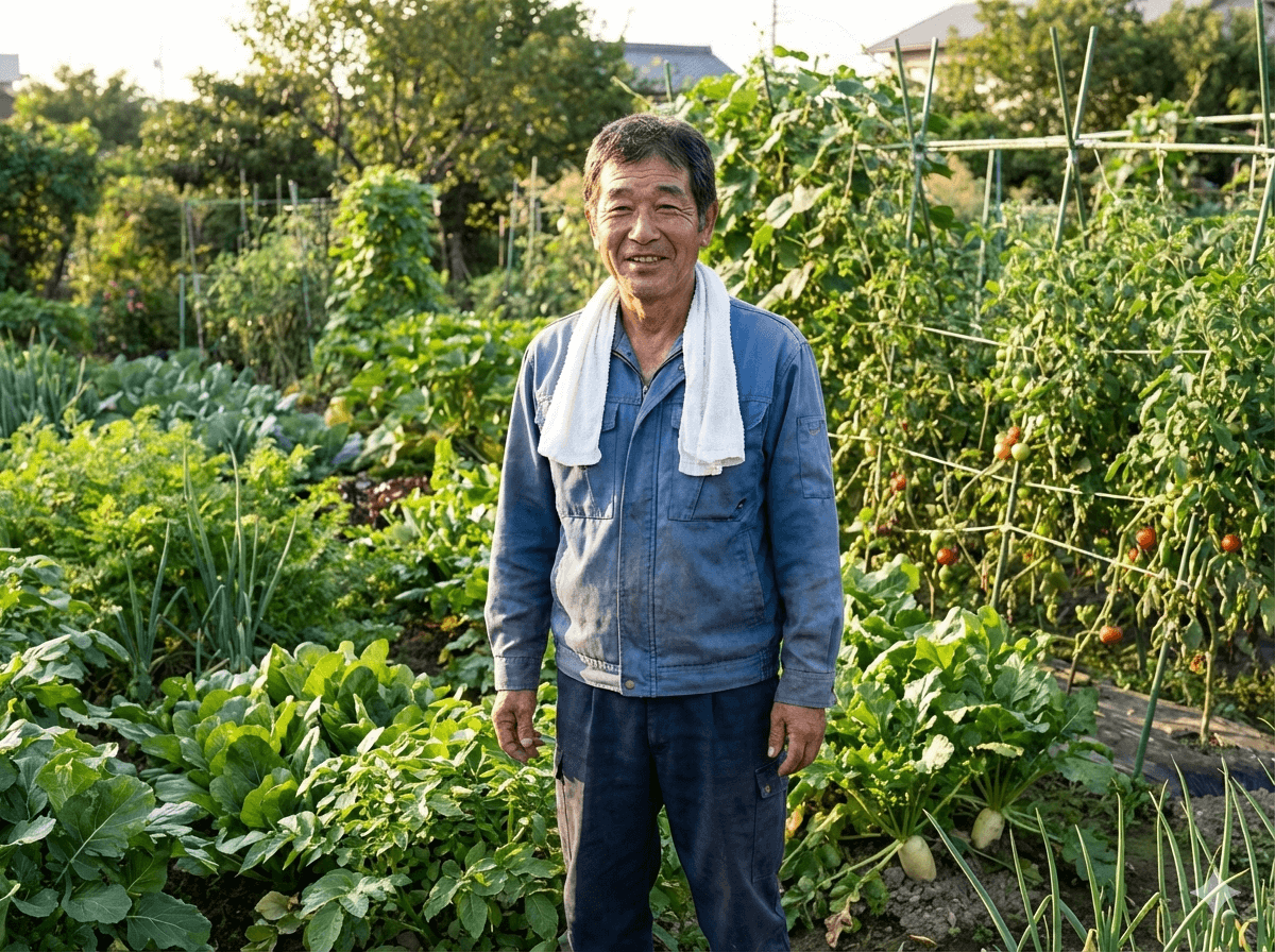 畑と農家の笑顔